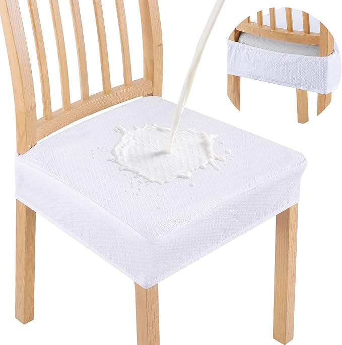 Smiry Waterproof Seat Covers for Dining Room Chairs Set of 6, Stretch Jacquard Removable Washable Chair Seat Slipcovers Protector, No Rear Covers, White