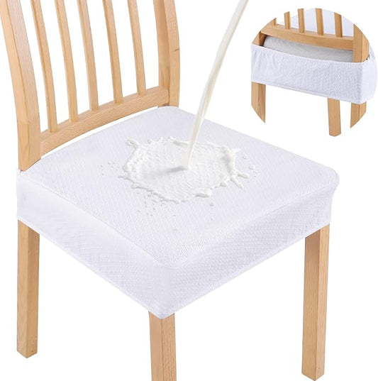 Smiry Waterproof Seat Covers for Dining Room Chairs Set of 6, Stretch Jacquard Removable Washable Chair Seat Slipcovers Protector, No Rear Covers, White