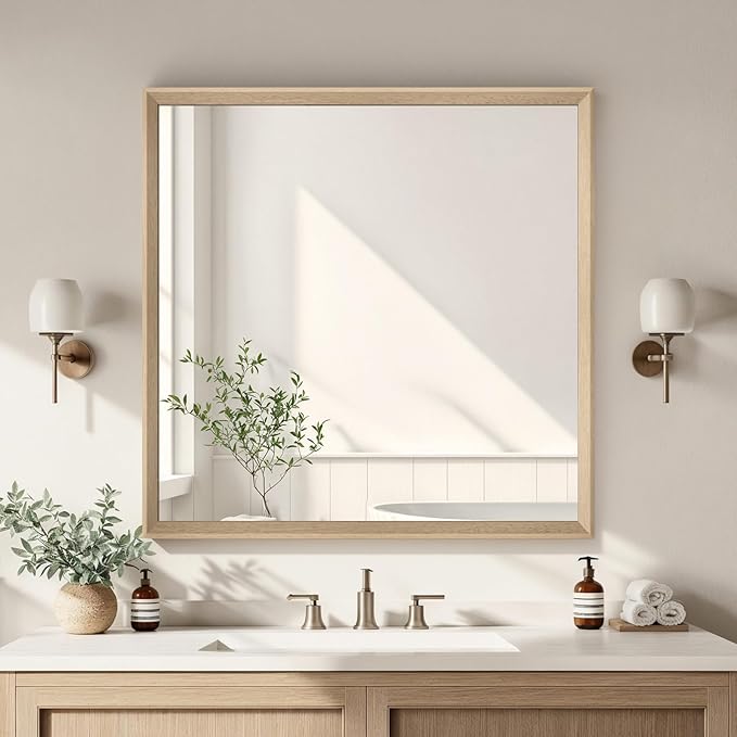 Oak Wood Effect Framed Wall Mirror, 36x36 Rectangle Mirror, Anti-desilvering Tempered Glass, Sustainable& Sturdy Frame, Farmhouse Mirror, Anti-Rust, 3min Fast Setup for Bathroom Living Room
