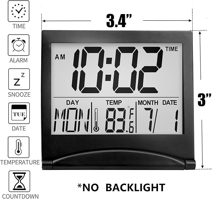 Betus Digital Travel Alarm Clock ?€? Foldable Calendar, Temperature & Timer with Snooze ?€? Large Number Display, Battery Operated ?€? Compact Desk Clock for Home & Office (Black)