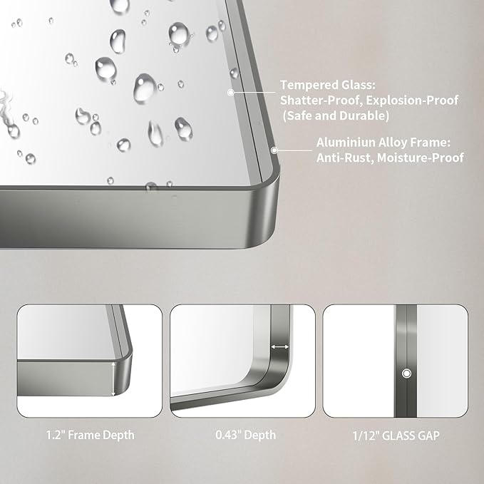 LOAAO 60X28 Inch Brushed Nickel Bathroom Mirror, Rounded Rectangle Silver Metal Frame Mirror, Brushed Nickel, Anti-Rust, Shatter Proof, Hangs Horizontally or Vertically