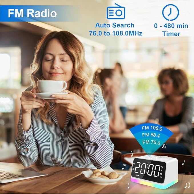JALL Digital Alarm Clock with FM Radio for Bedroom, 8 Colors Night Light with Charging Port, Sleep Sound Machines with Timer, Dual Alarm (White with White Font) - Image 3