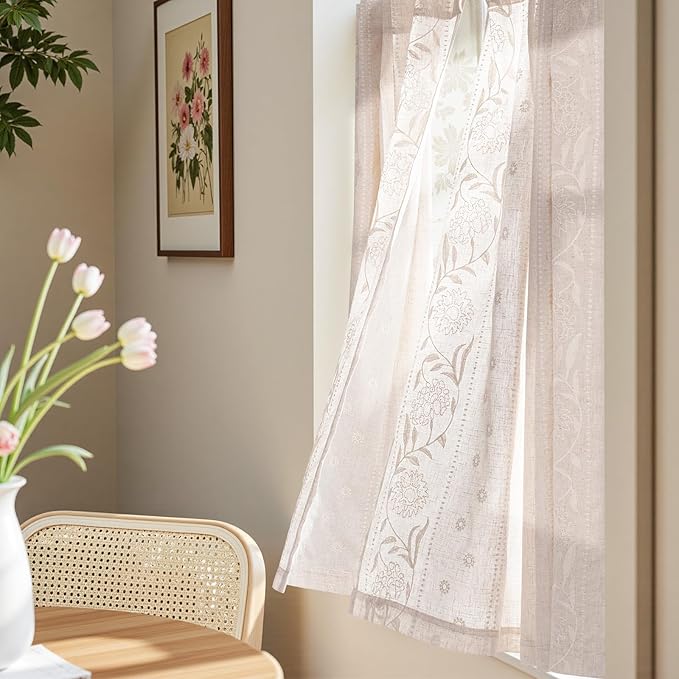 jinchan Winslow Linen Curtains 54 Inch Length Small Window Curtains Embroidered Bordered Floral Drapes Light Filtering for Bathroom Laundry Room Kitchen Farmhouse Decor White on Beige 2 Panels