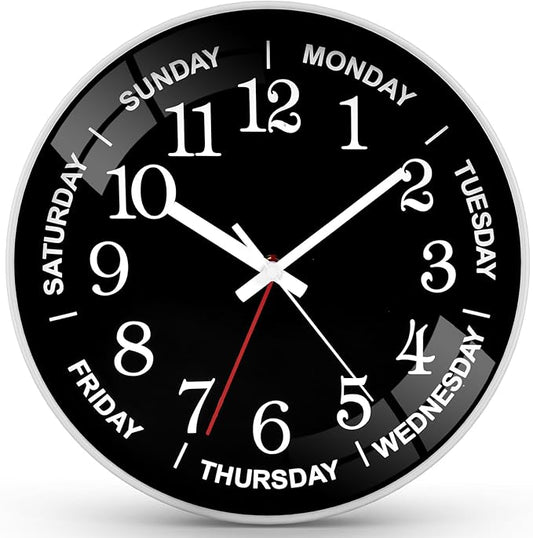 12 Inch Day of Week Wall Clock, Non Ticking Modern Clocks Battery Operated，Analog Day Clock for Seniors Eldly，Classic for Office Home Classroom Bedroom School,Unique Gift Clock