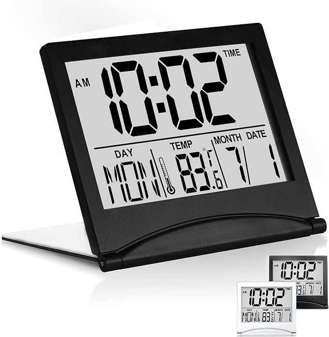 Betus Digital Travel Alarm Clock ?€? Foldable Calendar, Temperature & Timer with Snooze ?€? Large Number Display, Battery Operated ?€? Compact Desk Clock for Home & Office (Black)