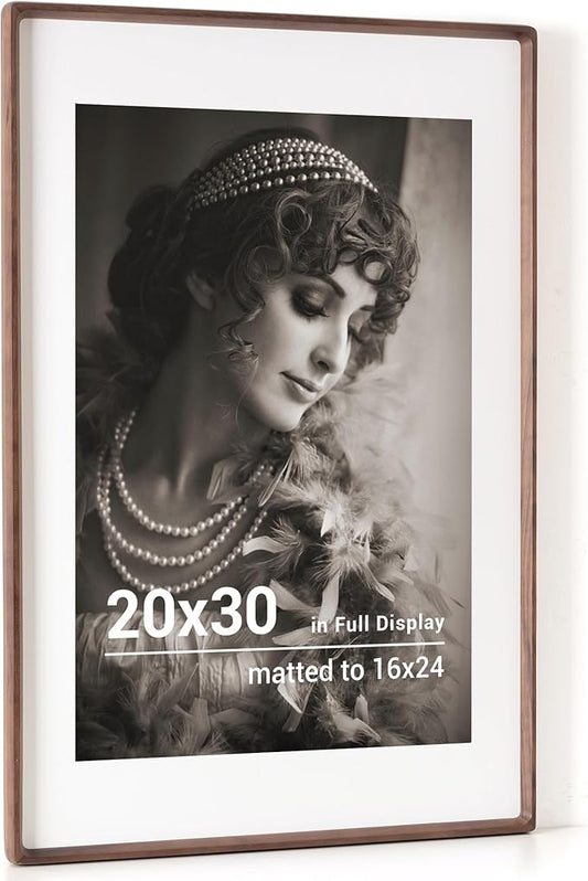 20x30 Poster Frame, USA-Sourced Walnut Wood Picture Frame with HD Tempered Glass, Handcrafted Rounded Corner 20 x 30 Wooden Frames Matted to 16x24 Photos, Horizontal or Vertical Wall Display
