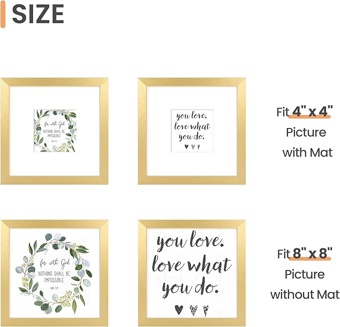 upsimples 8x8 Picture Frame, Display Pictures 4x4 with Mat or 8 x 8 Without, Wall Hanging Photo Frames, Gold, 1 Pack