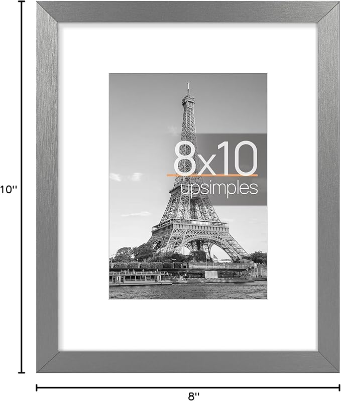 upsimples 8x10 Picture Frame, Display Pictures 5x7 with Mat or 8 x 10 Without, Wall Hanging Photo Frames, Metallic Gray, 1 Pack
