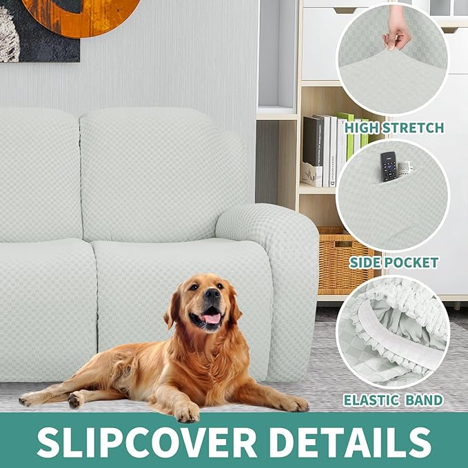 YEMYHOM 8 Pieces Stretch Recliner Sofa Cover Latest Jacquard Reclining Couch Cover with Side Pocket Anti-Slip Fitted 3 Cushion Furniture Slipcovers with Elastic Bottom (Sofa Recliner, Ivory)