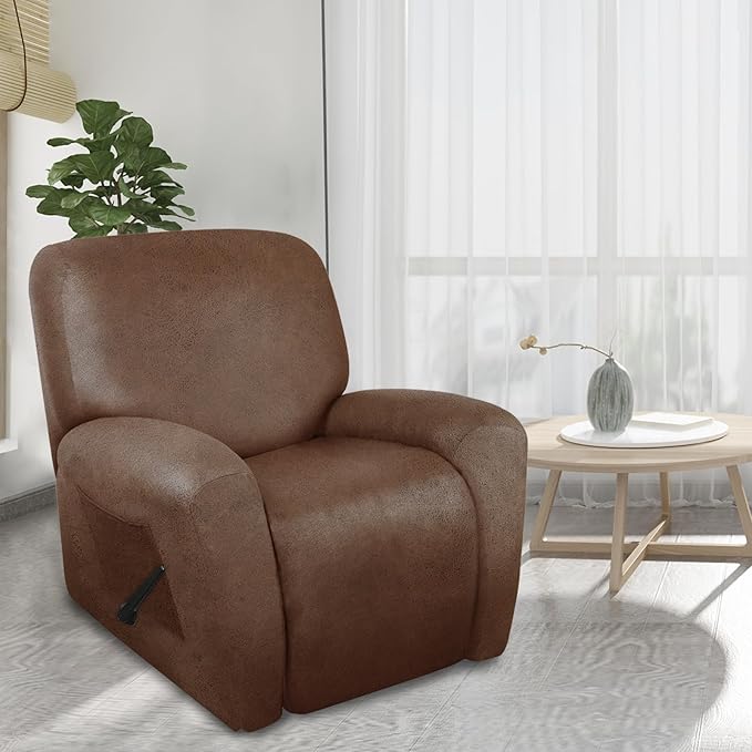 ANARACHON Recliner Chair Covers Leather Like, 4 Pieces Recliner Cover, Furniture Protector - Washable Soft Sofa Slipcover for Pets Kids (Brown)