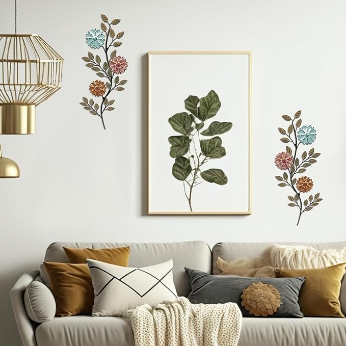MorningRo 2 Pcs Metal Flower Leaves Wall Art Spring Wall Decor Living Room, 15.75 Inch Vintage Rustic Branch Leaf Wrought Iron Scroll Art Decor for Spring Bedroom Indoor Outdoor Decorations(Colorful)