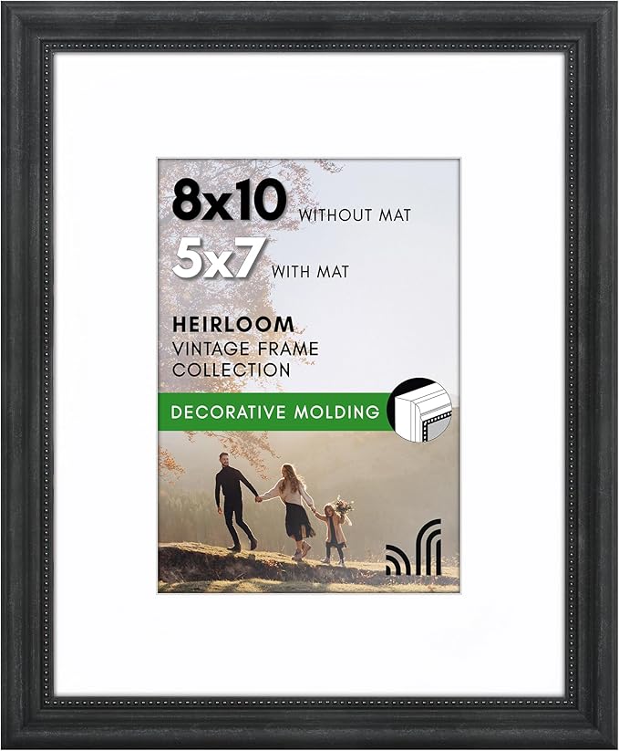 Americanflat Vintage Frames - 8x10 Picture Frame with Beaded Accents and Shatter-Resistant Glass - Use as 5x7 Frame or Display 8x10 Photos Without Mat - Heirloom Collection - Tabletop or Wall - Black