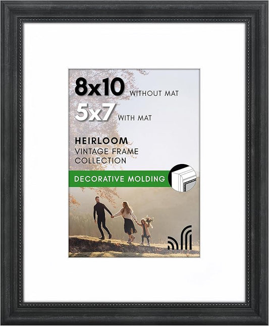 Americanflat Vintage Frames - 8x10 Picture Frame with Beaded Accents and Shatter-Resistant Glass - Use as 5x7 Frame or Display 8x10 Photos Without Mat - Heirloom Collection - Tabletop or Wall - Black