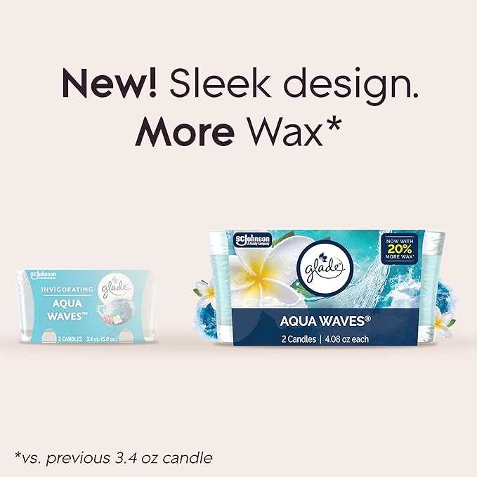 Glade 1-Wick Scented Candle Jar, Aqua Waves, Air Freshener Infused with Essential Oils, 4.08 Oz, 2 Count