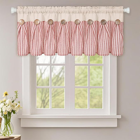 ASPMIZ Farmhouse Cotton Linen Valances for Windows, Boho Kitchen Curtains Valances with Rustic Button, Orange Stripe Window Treatments Curtain Valance for Bathroom Cafe, 52 x 18 Inch, 1 Pannel
