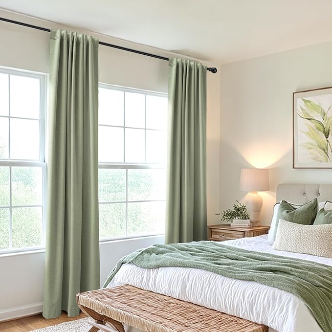 100% Blackout Shield Linen Blackout Curtains for Bedroom 108 Inches Long, Back Tab/Rod Pocket Living Room Drapes, Thermal Insulated Blackout Curtains 2 Panels Set, 50" W x 108" L, Sage