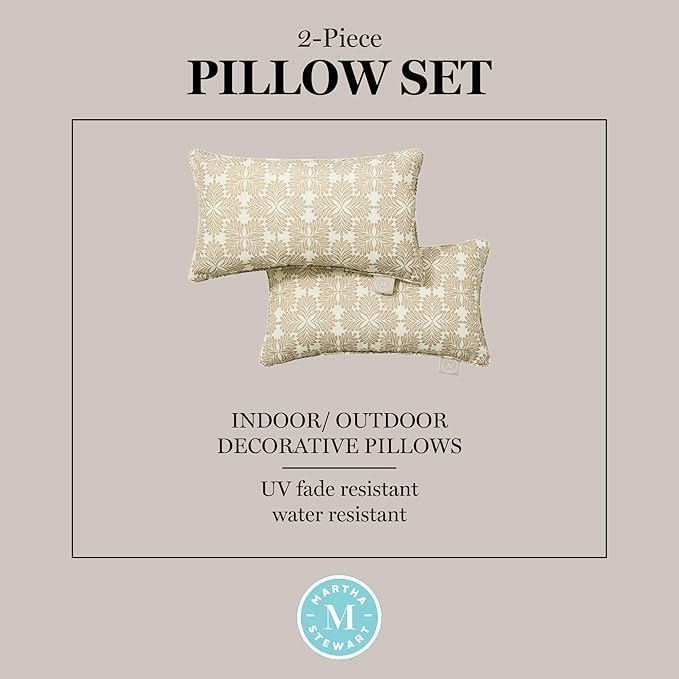 Martha Stewart Tulum Indoor Outdoor Decorative Lumbar Pillow 2-Pack Set, UV Fade Resistant, Water Repellent, Printed Modern Design, Taupe, 11"x18"