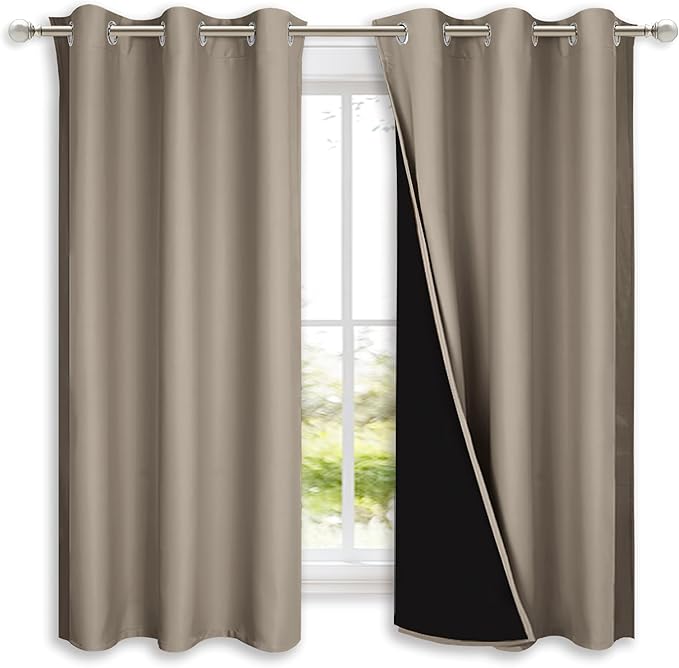 NICETOWN 100% Blackout Curtains with Black Liners, Solid Thermal Insulated Full Blackout 2-Layer Lined Drapes, Energy Efficiency Window Draperies for Bedroom (2 Panels, 42" W by 63" L, Taupe)