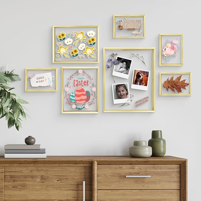 Frametory, Floating Picture Frames Set - Gold Metal Photo Frames - Real Glass - Displays One 11x14, Two 8x10, And Four 5x7 Inch Photos for Home Decoration
