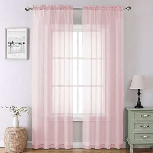 Lecloud Blush Pink Sheer Curtains 90 Inches Long 2 Panels, Modern Airy Voile Solid Curtains, Transparent Aesthetic Windows Decor Drape with Rod Pocket for Bedroom Living Room, Each 42" W x 90" L