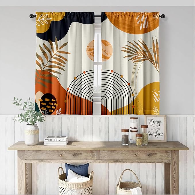 Orange Boho Curtains 39 Inch Mid Century Cafe Drapes for Small Windows Abstract Leaves Rainbow Colorful Modern Geometric Window Curtains for Kitchen Living Room Bathroom Laundry 2 Panels