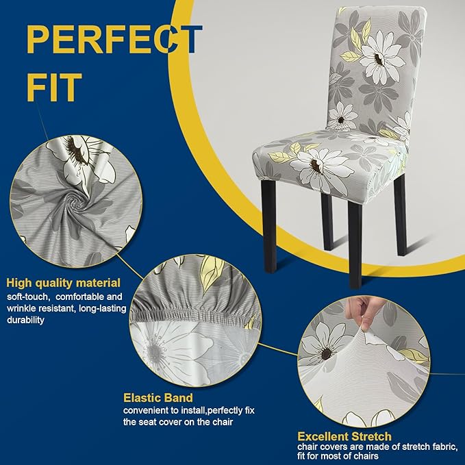 Dining Chair Covers, 4pcs Stretch Kitchen Chair Covers, Removable Washable Chair Slipcovers for Home, Hotel, Banquet (Grey Flower)