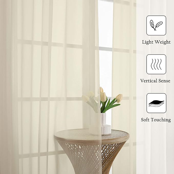 Lecloud Cream Sheer Curtains 108 Inches Long 2 Pcs, Dual Rod Pocket Home Decor Living Room Curtains for Bedroom, Light Filtering Airy Voile Solid Elegant Soft Drapes, Each Panel 59" W x 108" L