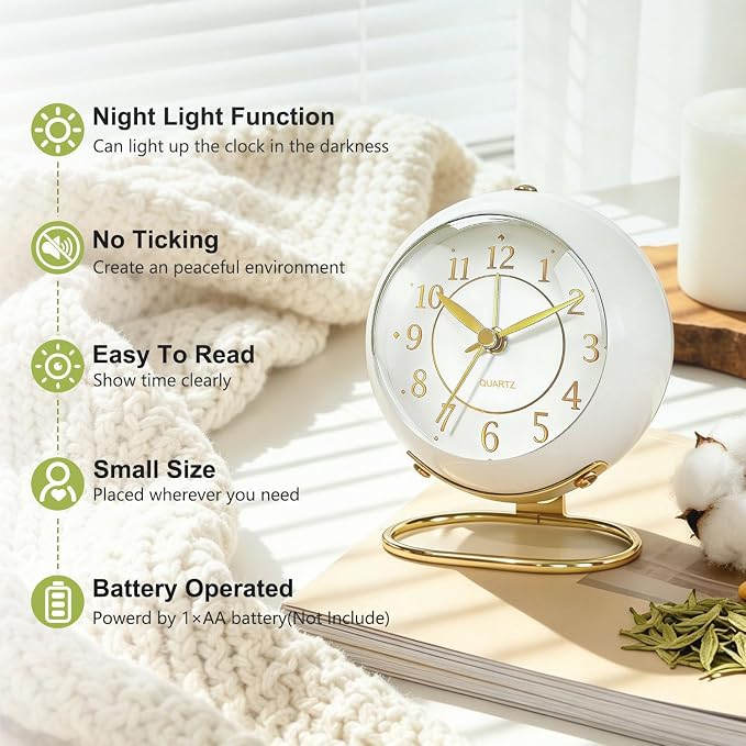Analog Alarm Clock, Retro Small Desk Clock with Night Light, Backlight Cute Simple Metal Design, Silent Non-Ticking, Battery Powered, for Bedroom,Travel,Kitchen,Bedside Desktop Decor - Image 2