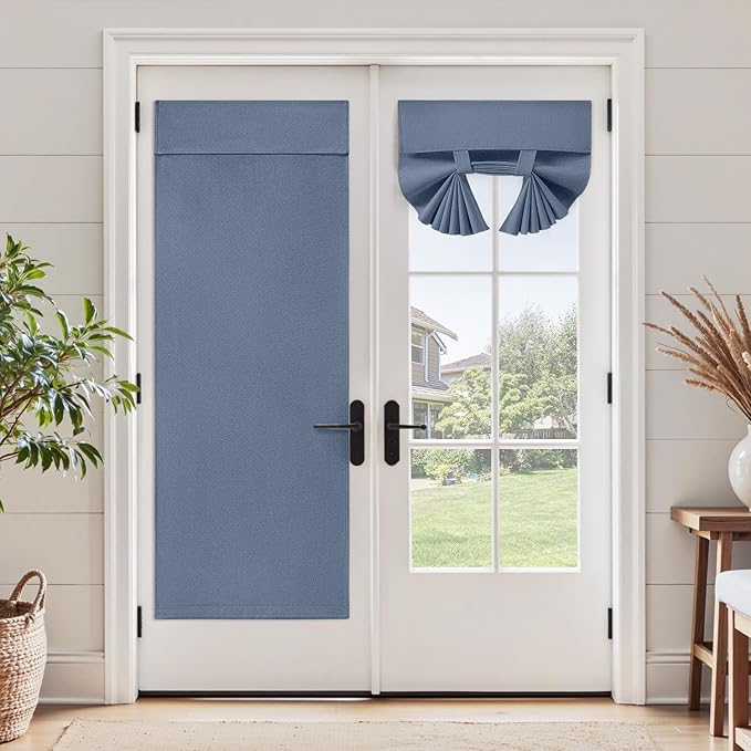 HOMEIDEAS 100% Stone Blue Linen Blackout French Door Curtains, Privacy Door Window Curtains, 26 X 72 Inch Room Darkening Blinds, Thermal Insulated Shades for Bedroom, 1 Panel