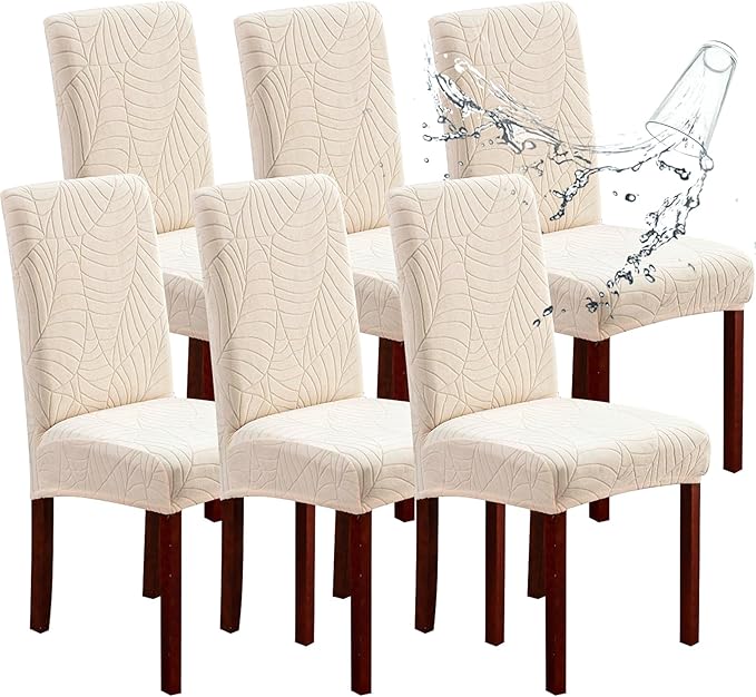 Genina Waterproof Chair Covers for Dining Room 6 Pack, Dining Chair Cover Removable Parson Chair Slipcover Chair Protectors Covers for Kitchen (Leaves-Beige, 6 PCS)