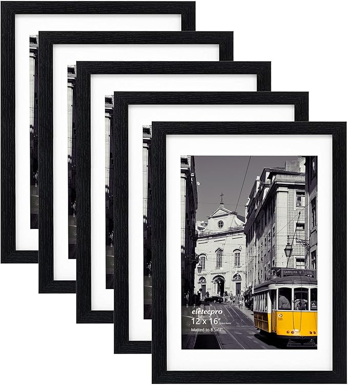 eletecpro 12x16 Picture Frames Set of 5, Gallery wall frame Display 8.5x11 Photo with Mat or 12x16 without Mat, Picture Frame Collage Wall Decor for Wall Mounting, Black