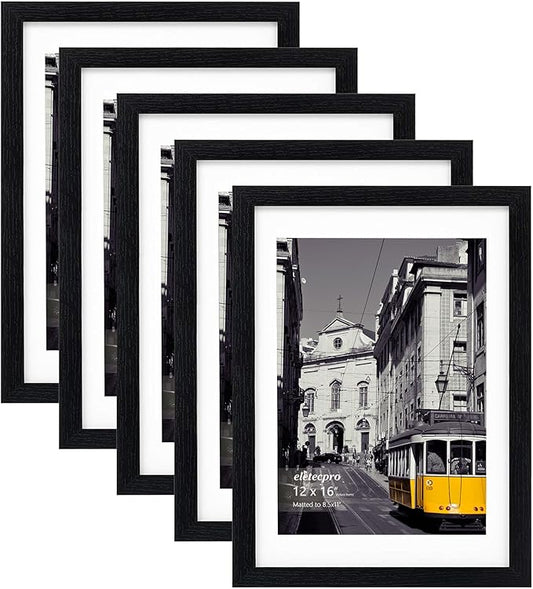 eletecpro 12x16 Picture Frames Set of 5, Gallery wall frame Display 8.5x11 Photo with Mat or 12x16 without Mat, Picture Frame Collage Wall Decor for Wall Mounting, Black