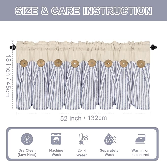 ASPMIZ Cotton Linen Kitchen Valance Curtains, Boho Rustic Button Valances for Windows Farmhouse Style, Blue Stripe Window Valances for Bathroom Cafe, Tie Up Valance for Kitchen Windows, 52 x 18 Inch
