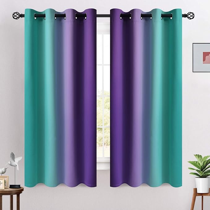 COSVIYA Grommet Ombre Room Darkening Curtains 63 inches Length for Kids/Girls Bedroom, Polyester Light Blocking Teal and Purple Gradient Window Drapes/Curtains for Living Room,2 Panels, 52x63 inches