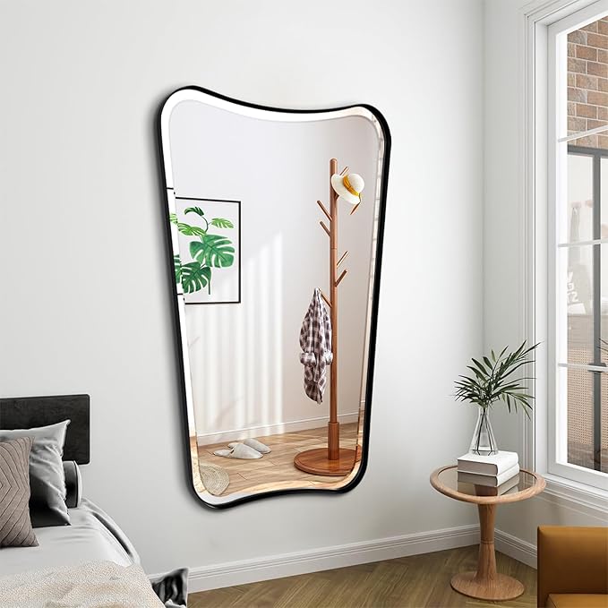 POZINO Irregular Beveled Mirror, 24"x40" Bathroom Vanity Mirrors for Over Sink, Butterfly Shape Aesthetic Mirrors Decorative, Matte Black Modern Wall Mirror for Living Room Bedroom Fireplace Entryway