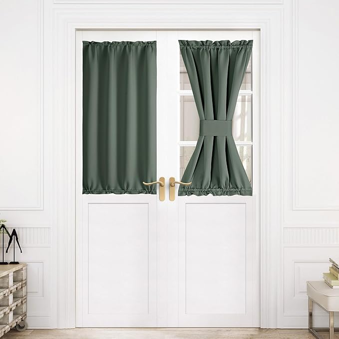 NICETOWN French Door Curtain for Door Window, Rod Pocket Thermal Short Curtain for Glass Patio Kitchen Window, 30 X 40 Inches Long, 1 Panel with Tieback, Dark Mallard