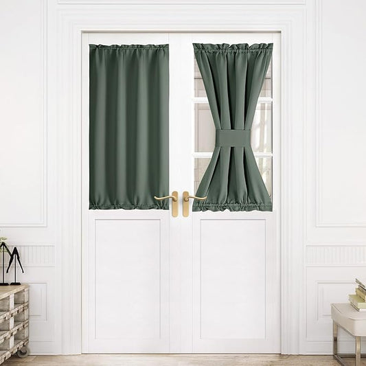 NICETOWN French Door Curtain for Door Window, Rod Pocket Thermal Short Curtain for Glass Patio Kitchen Window, 30 X 40 Inches Long, 1 Panel with Tieback, Dark Mallard