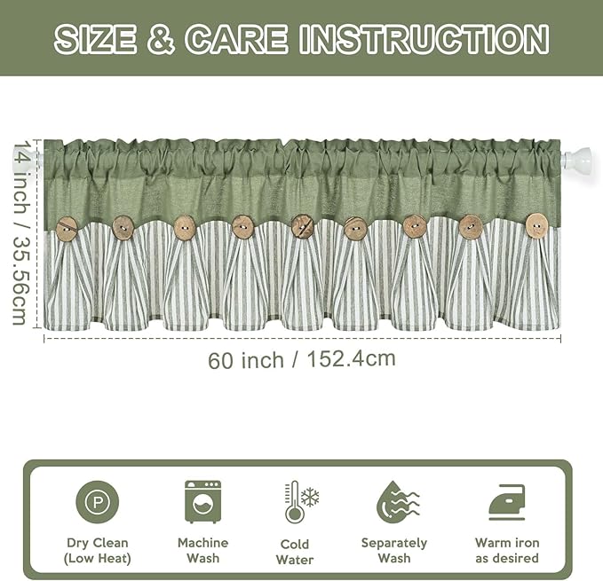 ASPMIZ Farmhouse Cotton Linen Valances for Windows, Boho Kitchen Curtains Valances with Rustic Button, Green Striped Window Treatments Curtain Valance for Bathroom Cafe, 60 x 14 Inch, 1 Pannel