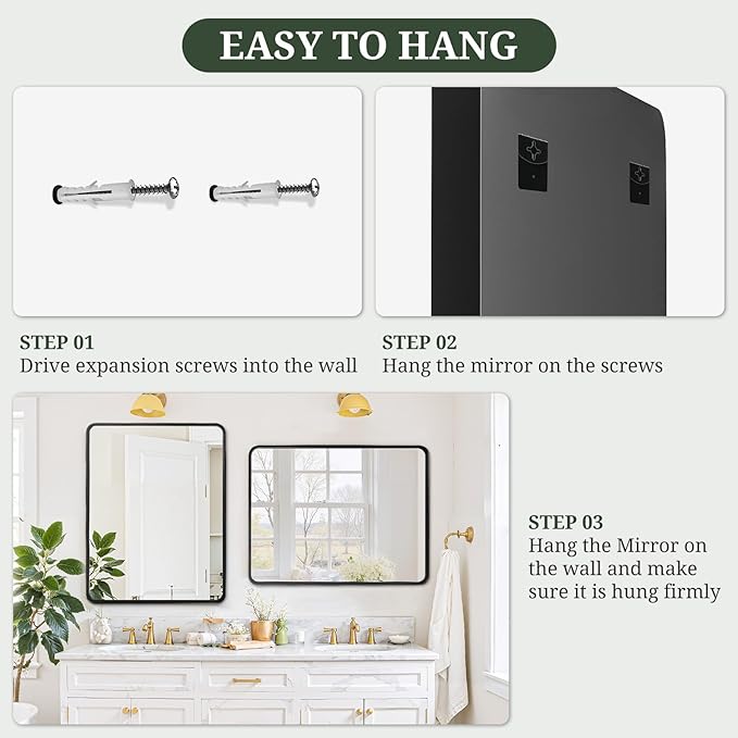 Bathroom Mirror 36x24 Inch Black Metal Frame Rectangle Vanity Mirror with Rounded Corners, Modern Wall Mounted Anti-Rust Mirror for Farmhouse, Restroom, Entryway, Horizontal or Vertical Hanging