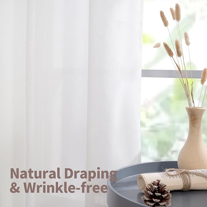 YoungsTex White Linen Light Filtering Curtains 84 Inches Long 2 Panels for Living Room, Lightweight Window Treatments with Grommet Semi Sheer Drapes for Bedroom, 52 X 84 Inch
