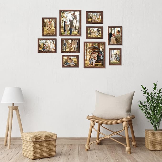 Giftgarden 10-Pack Brown Picture Frames for Multiple Sizes Photos, Four 4x6, Four 5x7, Two 8x10, Multi Assorted Rustic Walnut-Color Frame Collage for Wall or Tabletop