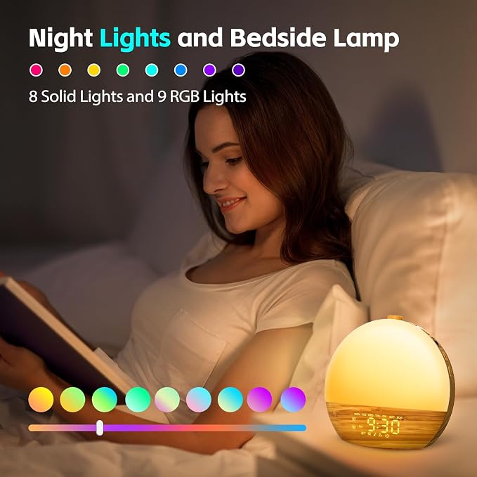 Geuuap Sunrise Alarm Clock, Noise Sound Machine Night Light, Wood Grain | 25 Soothing Sounds, 17 Dimmable lights, Dual Independent Alarms, Unlimited Snooze, Bluetooth Speaker, Backup Battery Memory - Image 6
