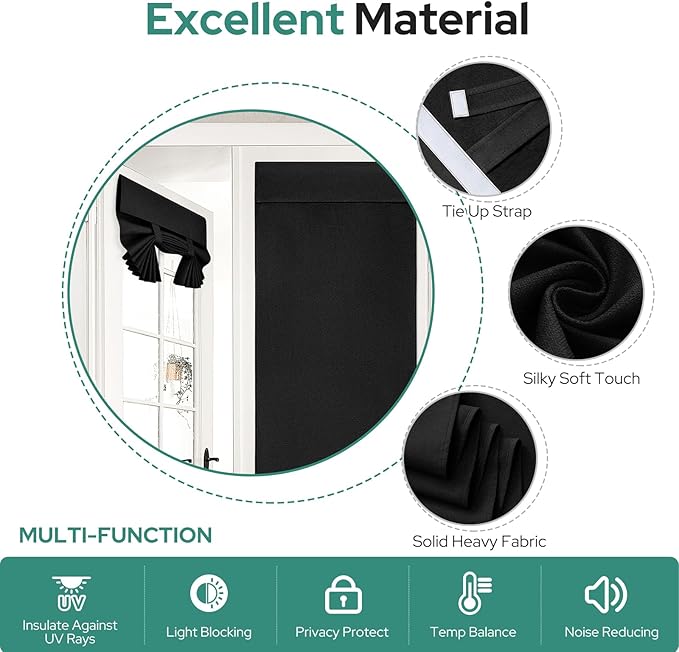 HOMEIDEAS 100% Linen Blackout French Door Curtains, Privacy Door Window Curtains, 26 X 68 Inch Room Darkening Blinds, Thermal Insulated Shades for Bedroom, 1 Panel, Black