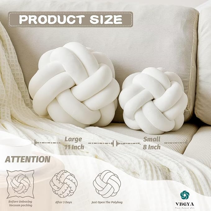Knot Pillow Ball, Soft Home Decorative Throw Pillows Cushion, Round Changeability Knotted Pillows, Modern Home Handmade Cushions for Bedroom, Sofa, Couch (8 Inch, White)