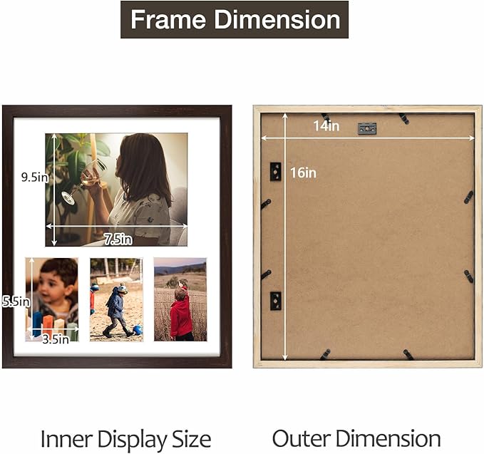14x16 Dark Brown Wood Picture Frame - White Mat for 8x10 and 4x6 Photos - Real Glass, Sawtooth Hanger, Swivel Tabs - Wall Mounting - Great for Posters, Weddings, and Engagements