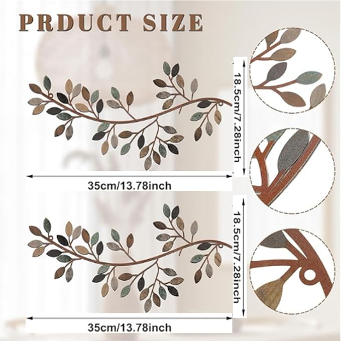 Hotop 2 Pieces Metal Tree Leaf Wall Decor Vine Olive Branch Leaf Wall Art Wrought Iron Scroll Sculptures Above the Bed, Living Room, Outdoor Decoration(Classic Style,Classic Color)