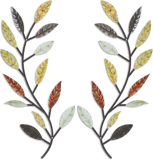 Zhengmy 2 Pieces Metal Tree Leaf Wall Decor Vine Olive Branch Leaf Wall Art Living Room, Hallway Wall Decor Outdoor Decoration(Multi Color)
