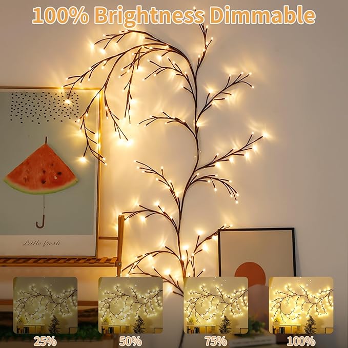FNHMSL Enchanted Willow Vine Lights 7.55FT 144LED 1 PCS Brown Tree Branch Lights for Wall, Remote Timer,8 Light Model,Bedroom Wall Doors Wedding, Christmas, USB Battery Box