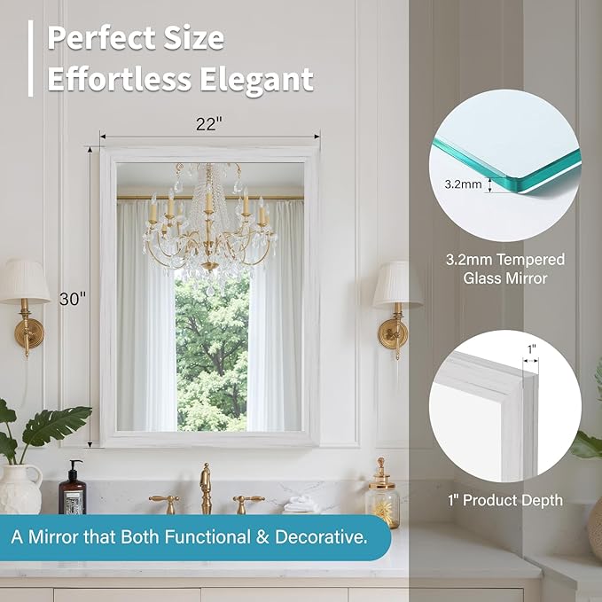 White Wood Effect Framed Wall Mirror, 22x30 Rectangle Mirror, Anti-desilvering Tempered Glass, Sustainable& Sturdy Frame, Farmhouse Mirror, Anti-Rust, 3min Fast Setup for Bathroom Living Room