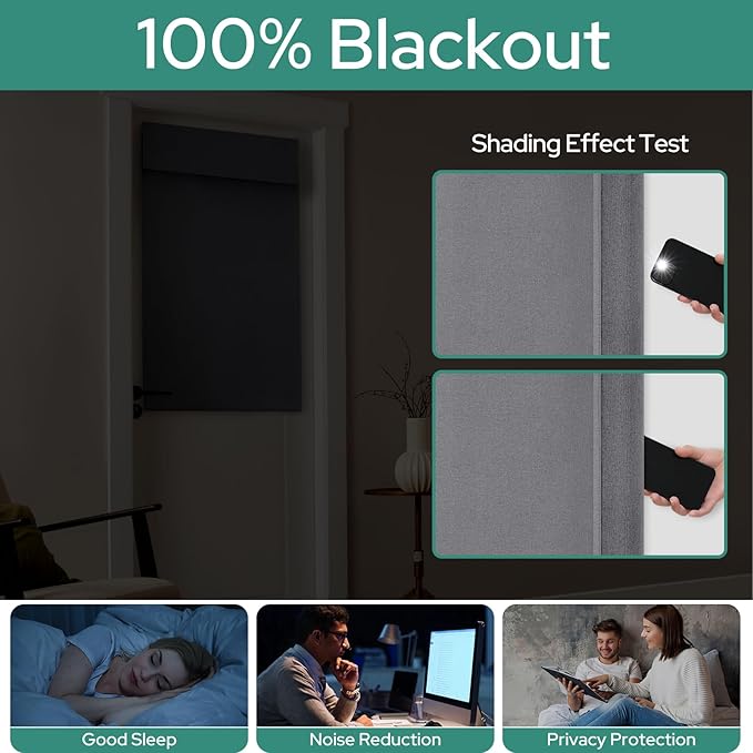 HOMEIDEAS 100% Dark Grey Linen Blackout French Door Curtains, Privacy Door Window Curtains, 34 X 40 Inch Room Darkening Blinds, Thermal Insulated Shades for Bedroom, 1 Panel